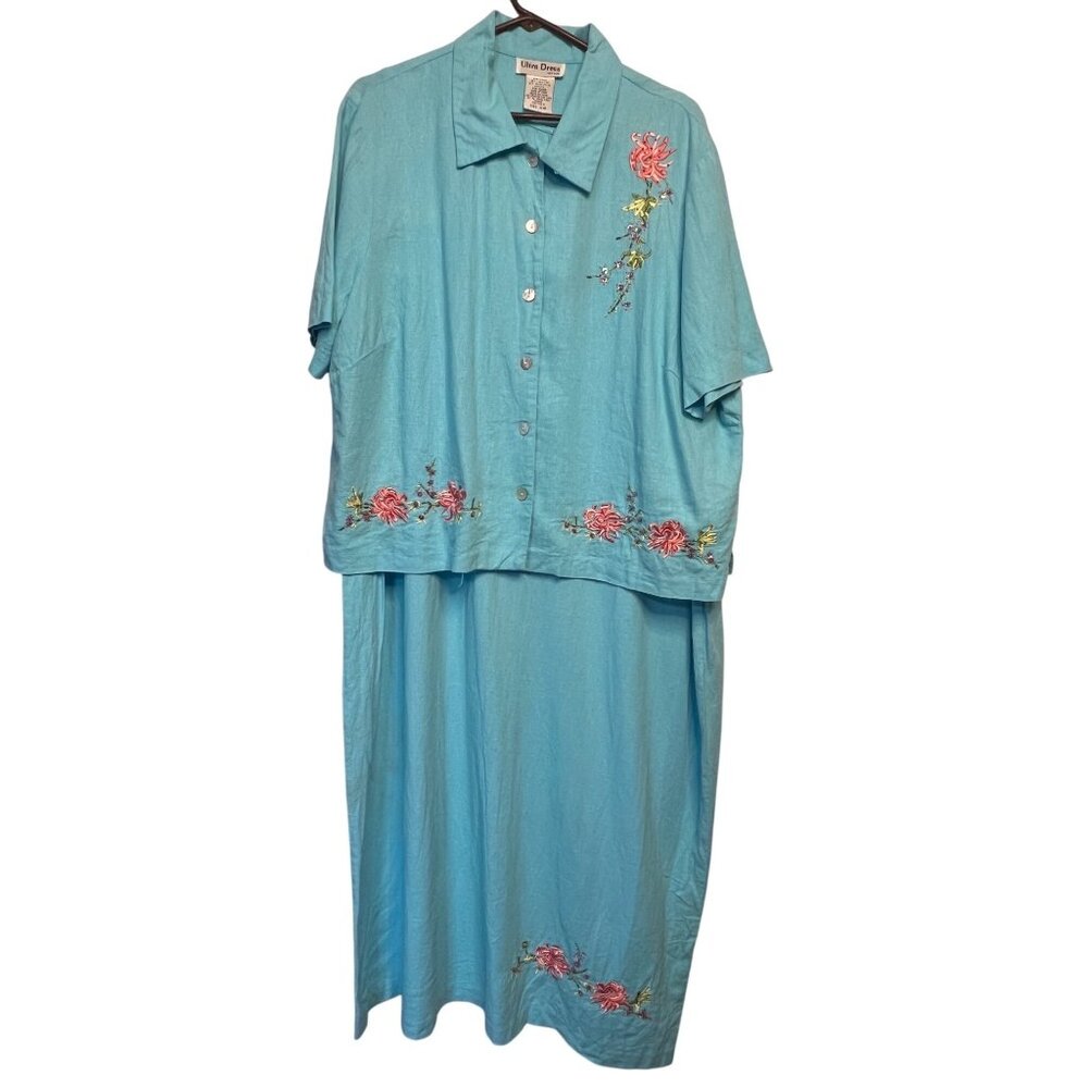 VINTAGE Ultra Dress Size 18W Blue Embroidered Floral Two-Piece Linen/Rayon Set - Picture 2 of 16